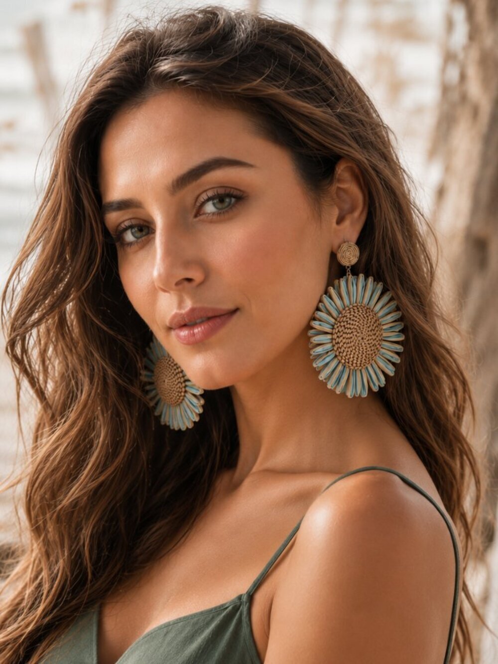 Raffia Sunburst Statement Earrings Handwoven Coastal Boho Tan Blue 3.95"